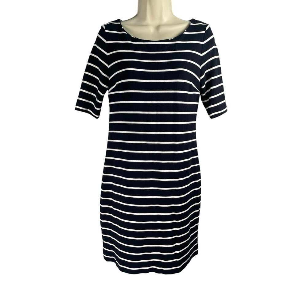 Banana Republic Dress 4 Navy White Stripe Sheath Nautical Knit Exposed Back Zip